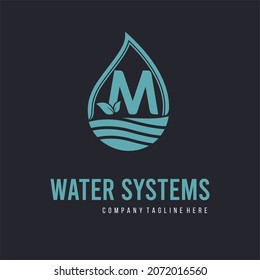 Letra M inicial con gota de agua y hoja para drenaje de agua, saneamiento, purificación, reparación, limpieza, mantenimiento de sistema de agua idea de vector logo de la compañía