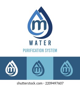 Initial m Letter with water drop icon for water purification system, natural cosmetic business logo idea	