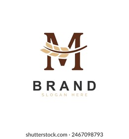 Initial M Letter with Wheat Grain for Bakery, Bread, Logo Design Vector Icon Illustration