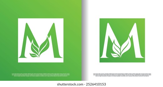 initial m logo design template with leaf icon and creative concept premium vector