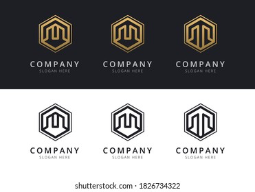 Initial M logo inside hexagon shape in gold and black color