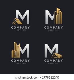 Initial M logo with real estate elements in gold and silver color