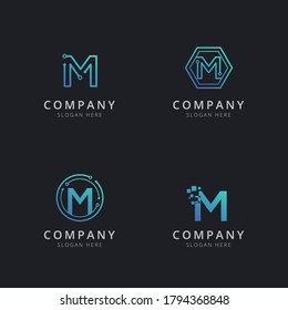 Initial M logo with technology elements in blue color 