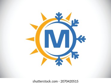 Initial M monogram alphabet with abstract sun and snow. Air conditioner logo sign symbol. Hot and cold symbol. Modern vector logo for conditioning business and company identity