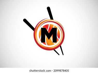 Initial M monogram alphabet in the abstract circle with Chopstick. Abstract Asian sushi bar emblem. Logo for Japanese sushi seafood business and company identity