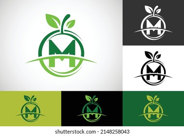 Alfabeto monograma M inicial con el logotipo de manzana abstracta. Vector de diseño de logotipo de alimentos saludables 