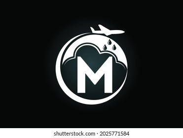 Initial M monogram alphabet with an airplane and cloud. Artificial rainmaking. Cloud seeding logo. Modern vector logo for the business, and company identity