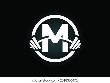 Initial M monogram alphabet with a barbell. Lifting vector logo design. Modern vector logo for bodybuilding, gym, fitness club, business, and company identity