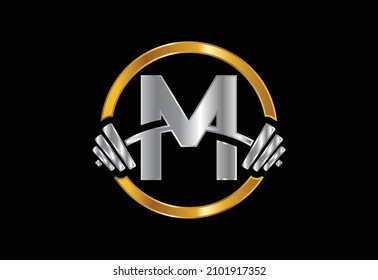 Initial M monogram alphabet with a barbell. Lifting vector logo design. Vector logo for bodybuilding