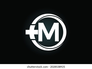 Initiales M Monogramm-Alphabet in einem Kreis mit Kreuz plus. Design des medizinischen Logos Schriftemblem. Logo für Apotheken, Kliniken, medizinische oder gesundheitliche Angelegenheiten und Firmenidentität