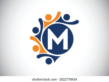 Initial M monogram alphabet with connecting people. Team, cooperation logo sign symbol. Font emblem. Logo for corporate business collaboration and great work
