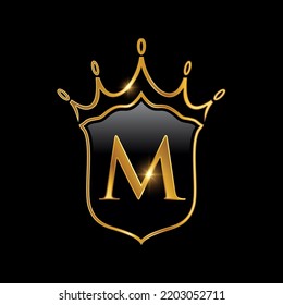 Initial M monogram alphabet with a crown and shield. Royal King queen luxury symbol vector illustration