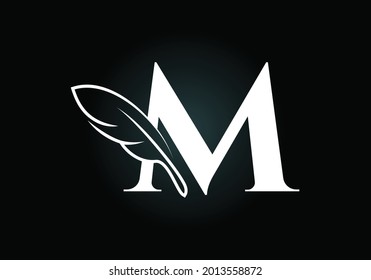 Initial M monogram alphabet with a feather. Font emblem. Law firm icon sign symbol. Modern vector Logo for a writer or publishers business and company identity