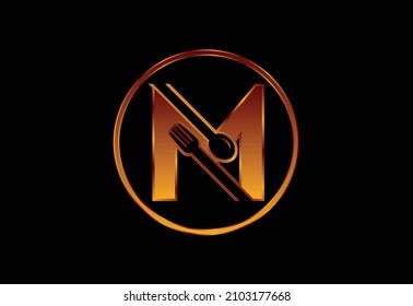 Initial M monogram alphabet with a fork, spoon. Font emblem. Modern vector logo for cafe, restaurant, cooking business, and company identity