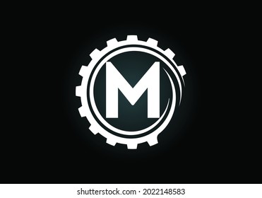 Alfabeto monograma M inicial en una espiral de engranajes. Diseño del logotipo del ingeniero de engranajes. Logotipo para automoción, mecánica, tecnológica, configuración, reparación de negocios e identidad de la empresa