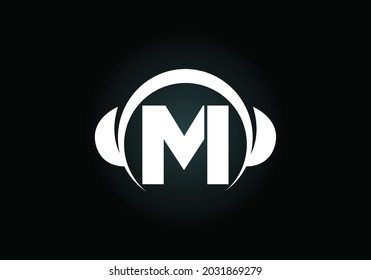 Initial M monogram alphabet with a headphone. Headphone Logo. Music sign symbol. Font emblem. Design element for poster, banner, t-shirt, notebook cover, sticker, greeting card, bag, badge.