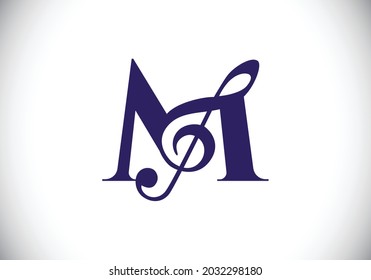 Initial M monogram alphabet with a musical note. Symphony or melody signs. Musical sign symbol. Font emblem. Modern vector logo design template.