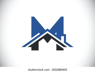 Alfabeto monograma M inicial con el techo. Cartel de casa o casa. Concepto de logotipo inmobiliario. emblema de letra. Logo vectorial moderno para negocios inmobiliarios e identidad de la empresa.
