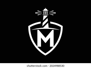 Initial M monogram alphabet in a shield with the lighthouse. Harbor logo. Font emblem. Modern vector lighthouse logo for business, organization, or website