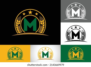 Initial M monogram alphabet symbol design incorporated with Wheat, barley, or rye. Agriculture logo concept. Logo for agriculture business and company identity