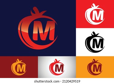 Alfabeto monograma M inicial con tomate. Plantilla de diseño del logo del tomate. emblema de letra. Logo vectorial moderno para negocios de comida orgánica e identidad de la empresa