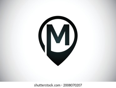 Initiales M Monogramm Buchstabenalphabet mit Ortssymbol-Pin. Schriftemblem. Navigationskarte, GPS, Richtung, Ort, Kompass, Kontakt, Suchkonzept. Modernes Vektorlogo-Design für Unternehmen und Unternehmen