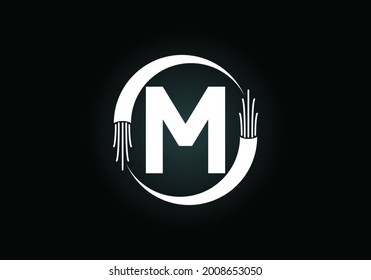 Initial M monogram letter alphabet with electric wire, optical fiber cable. Font emblem. Modern vector logo design for technology labels, electric business, and company identity