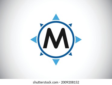 Alfabeto inicial M monograma en una brújula. emblema de letra. Símbolo del logotipo de la brújula. Diseño de logotipo vectorial moderno para identidad empresarial y de empresa.