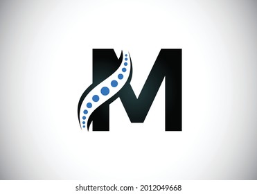 Initial M monogram letter alphabet with chiropractic spine logo. Spinal care icon. Font emblem. Modern logotype for orthopedic business and company identity.