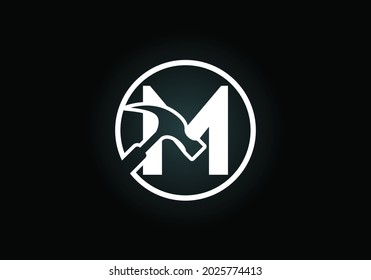Initial M monogram letter alphabet with a Hammer. Repair, renovation, and construction logo. Modern vector logo for construction business, and company identity