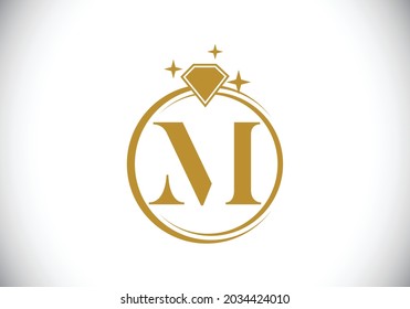 Initial M monogram letter alphabet in a circle with Diamond. Diamond ring logo. Jewelry logo design concept. Modern vector logo for business and company identity.