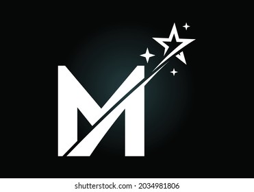 Initial M monogram letter alphabet with swoosh and star logo icon. Abstract star logo sign symbol design. Modern vector logo for business and company identity.