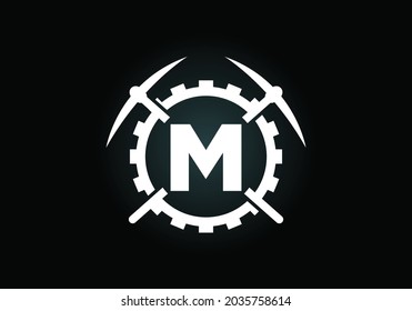 Initial M monogram letter alphabet with pickaxe and gear sign. Mining logo design concept. Modern vector logo for mining business and company identity.
