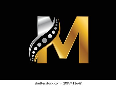 Alfabeto monograma inicial M con logotipo de columna quiropráctica. Icono de cuidado espinal. emblema de letra. Logotipo moderno para negocios ortopédicos e identidad de la empresa.