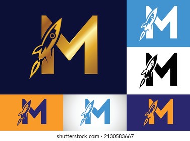 Alfabeto inicial M monograma con diseño de logotipo Rocket. Icono de cohete. emblema de letra. Logo vectorial moderno para identidad empresarial y de empresa.