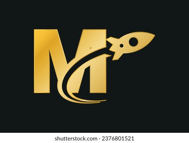 Ursprüngliches M-Monogramm-Buchstabenalphabet mit Rocket-Logo-Design. Raketensymbol. Schriftemblem. Moderner Vektorlogotyp für Geschäfts- und Firmenidentität.