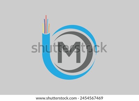 Initial M monogram letter alphabet with electric wire, optical fiber cable.