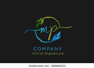 Initial M P beauty monogram and elegant logo design in green color , handwriting logo of initial signature, wedding, fashion, floral and botanical with creative template.