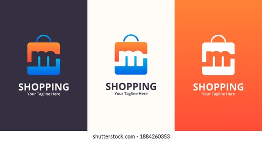 Plantilla inicial de diseños de logotipo de tienda m. Ilustración vectorial gráfico del concepto de diseño del logotipo combinado de letras y bolsas de compra. Perfecto para Ecommerce, venta, descuento o elemento web de tienda. Emblema de la empresa