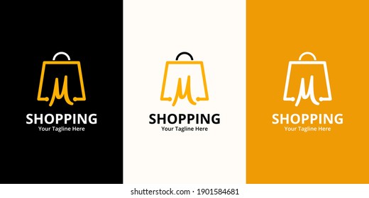 Plantilla de diseños iniciales del logotipo de M Shop. Ilustración vectorial gráfico del concepto de diseño del logotipo combinado de letras y bolsas de compra. Perfecto para Ecommerce, venta, descuento o elemento web de tienda. Emblema de la empresa