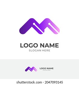 initial M tech logo template, letter M and circuit board, combination logo with flat purple color style