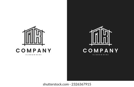 Initial MK home logo with creative house element in line art style vector design template