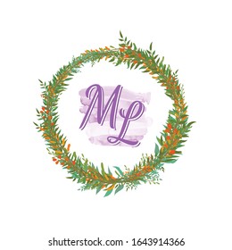 Initial ML Letter Uppercase Characters inside Wreath Floral Logo Design