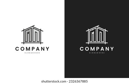 Initial MN home logo with creative house element in line art style vector design template