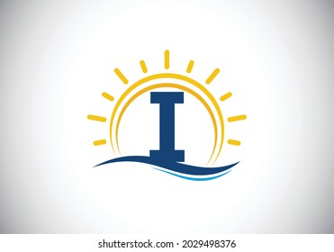 Initial I monogram alphabet with abstract sun and wave. Ocean sun logo design. Font emblem. Modern vector logo for a business, and company identity