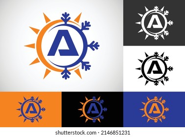 Inicial Un alfabeto monograma con sol abstracto y nieve. Símbolo del logotipo del acondicionador de aire. Símbolo caliente y frío.