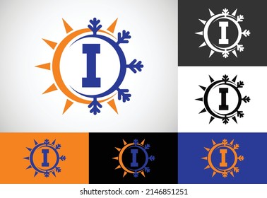 Alfabeto monograma inicial I con sol abstracto y nieve. Símbolo del logotipo del acondicionador de aire. Símbolo caliente y frío.