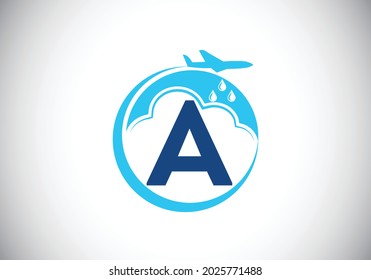 Ursprünglich ein Monogramm-Alphabet mit einem Flugzeug und einer Wolke. Künstliche Regenproduktion. Bekleidungslogo. Modernes Vektorlogo für Unternehmen und Unternehmensidentität