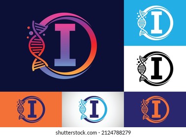 Initial I monogram alphabet in a circle with DNA. Genetics logo design concept. Logo for medicine, science, laboratory, business, and company identity