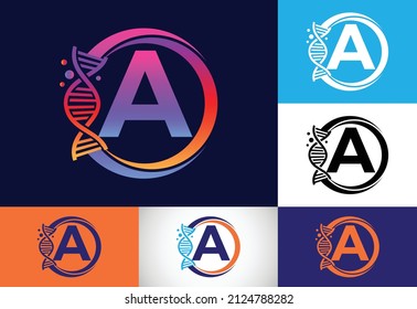 Inicial Un alfabeto monograma en un círculo con ADN. Concepto de diseño del logo genético. Logo para medicina, ciencia, laboratorio, negocios e identidad de la empresa